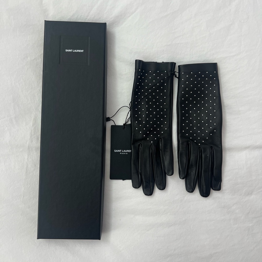 Saint Laurent Black Leather Gloves with Silver Studs - Picture 1 of 5